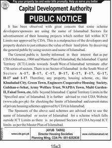 CDA Notice regarding societies that exist outside Islamabad limits